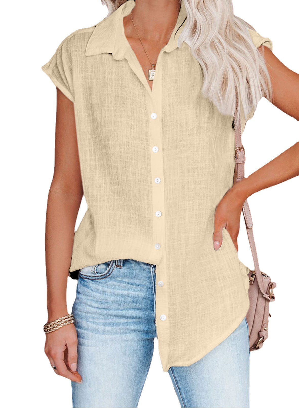 Summer Solid Color Single-breasted Lapel Shirt Blouses