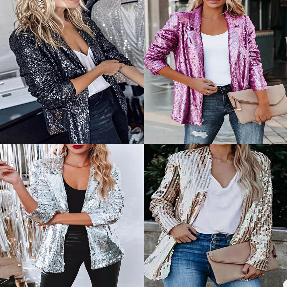 Women's Spring Multicolor Sequined Long Sleeve Elegant Blazers