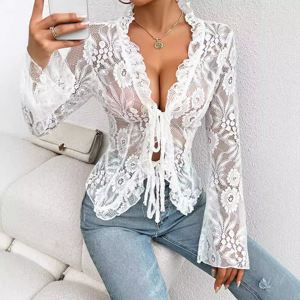 Women's Autumn Sexy Slim Long Sleeve Lace Blouses