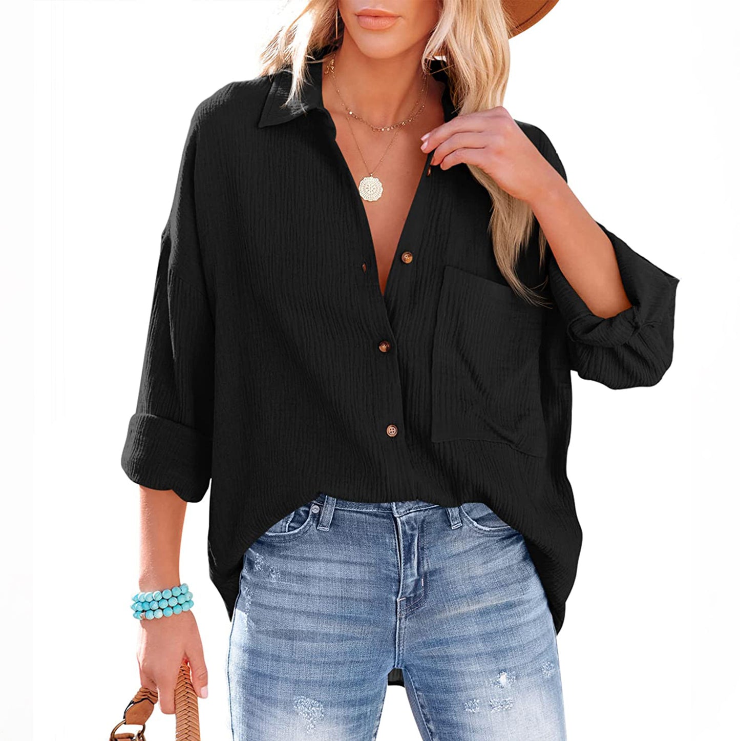 Women's Casual Collar Long Sleeve Button-down Shirt Blouses