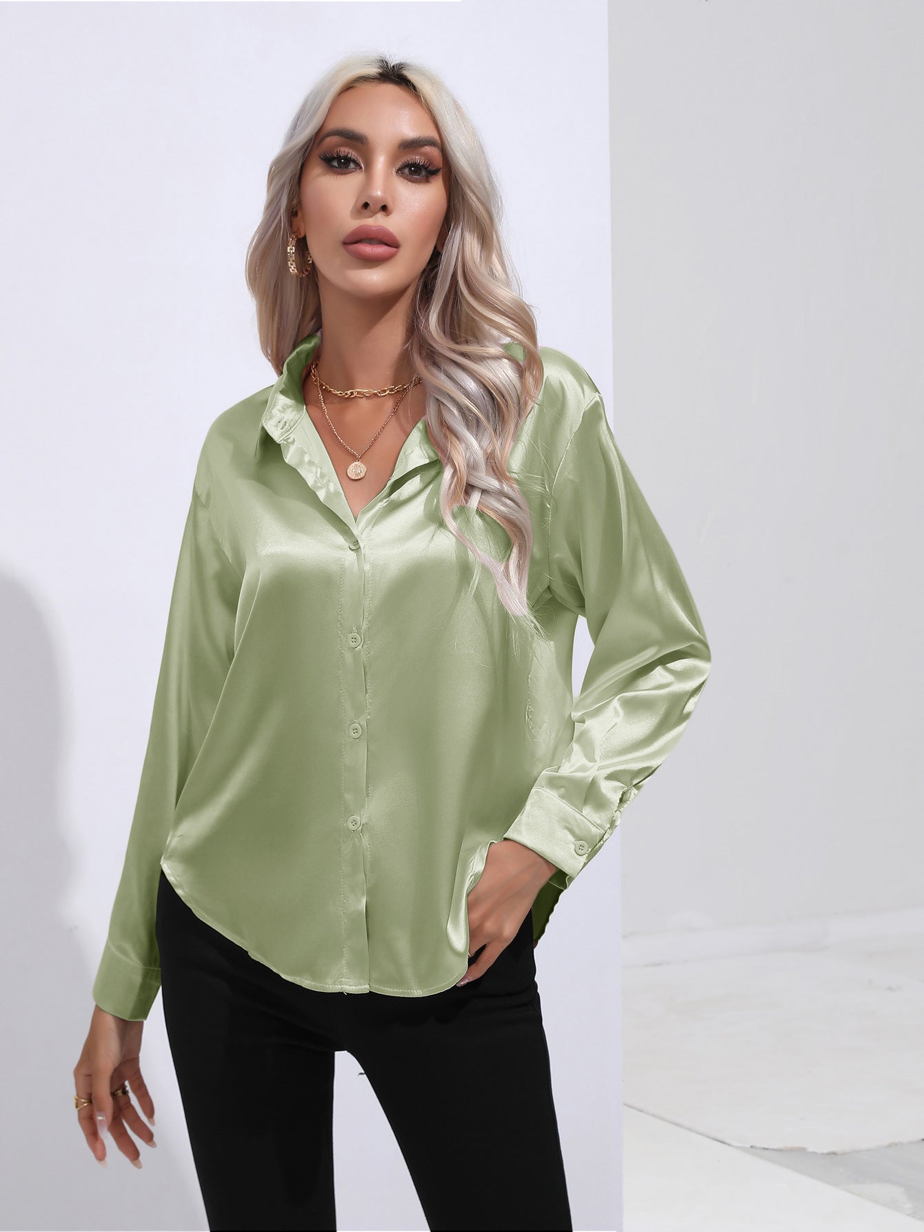 Women's Attractive Pretty Satin Shirt Long-sleeved Blouses