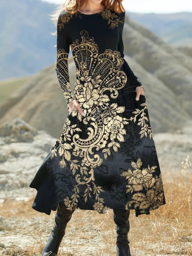 Women's Long Sleeve Bohemian Maxi Dress Wide Dresses