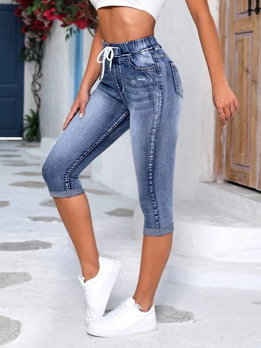 Women's Elastic Waist Drawstring High Ripped Denim Jeans