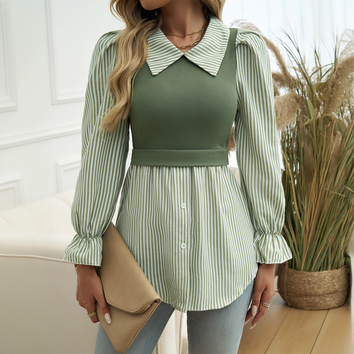 Women's Puff Sleeve Temperament Leisure Color Contrast Blouses