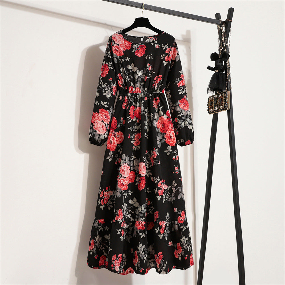 Women's High Waist Long Retro Chiffon Printed Floral Round Neck Dresses