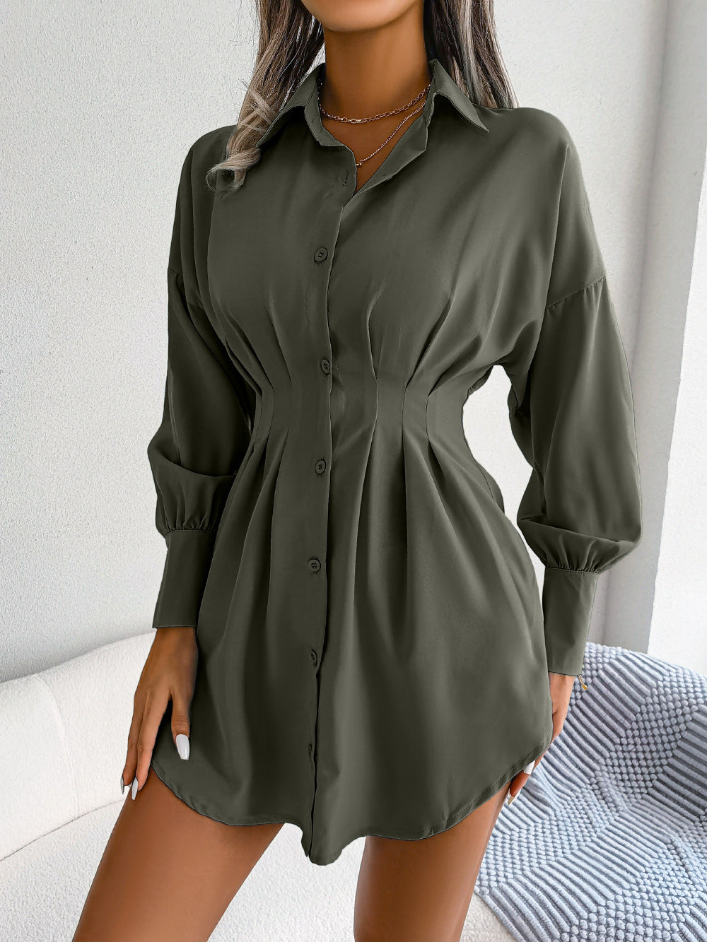 Women's Casual Lantern Sleeve Waist-tight Asymmetric Shirt Dresses