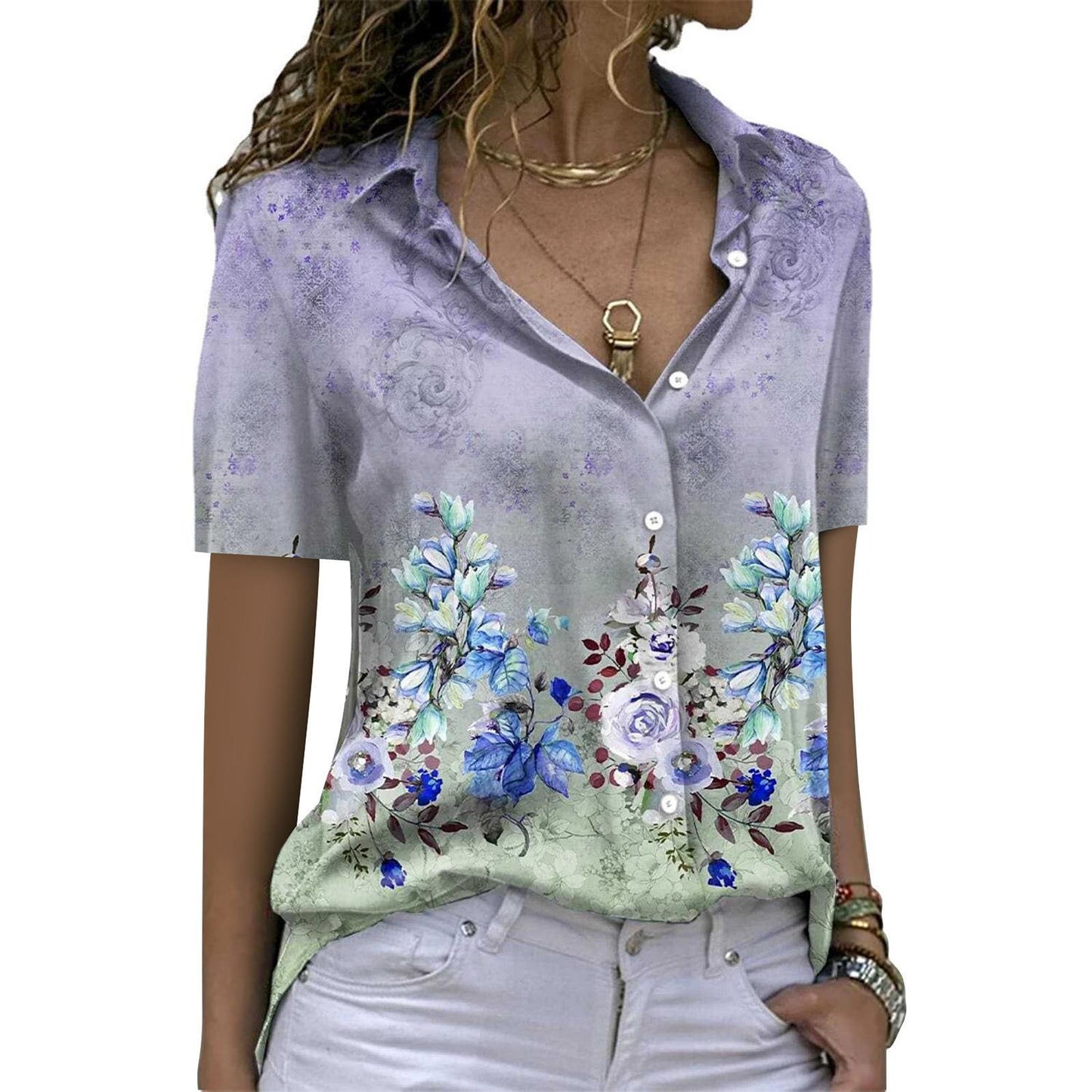 Women's Printed Short-sleeved Single-breasted Shirt Lapel Fashion Blouses