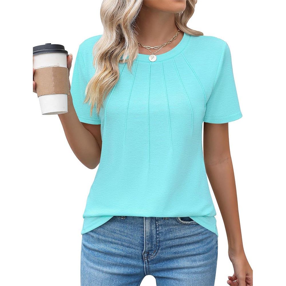 Women's Pleated Round Neck Short-sleeved T-shirt Blouses