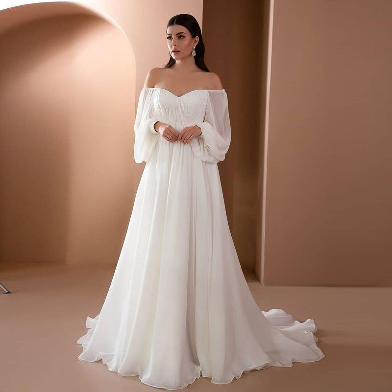 Women's Off-the-shoulder Formal Slim-fit Solid Color Dress Wedding Dresses