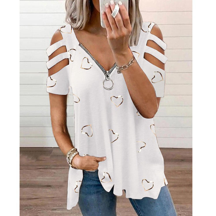 Women's Collar Zipper Print Sleeve Loose-fitting Casual Blouses