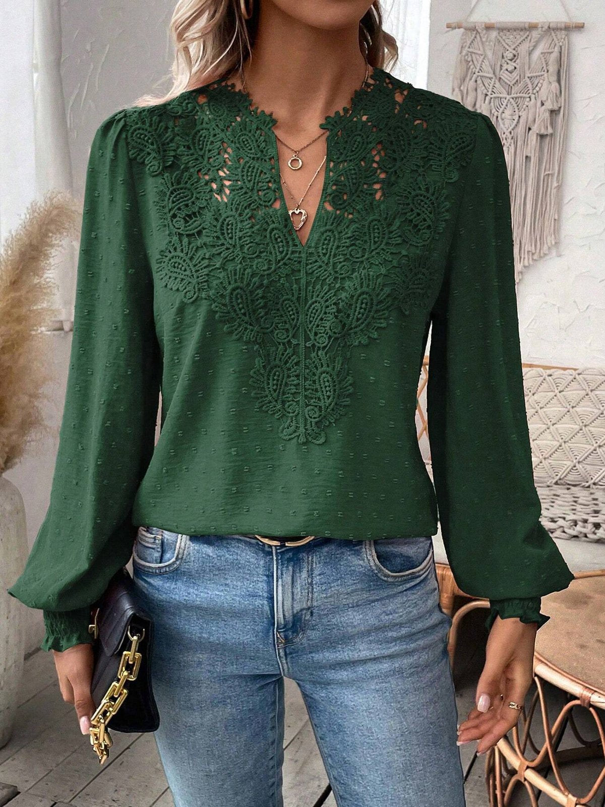 Women's Autumn Lace Stitching Solid Color Shirt Blouses