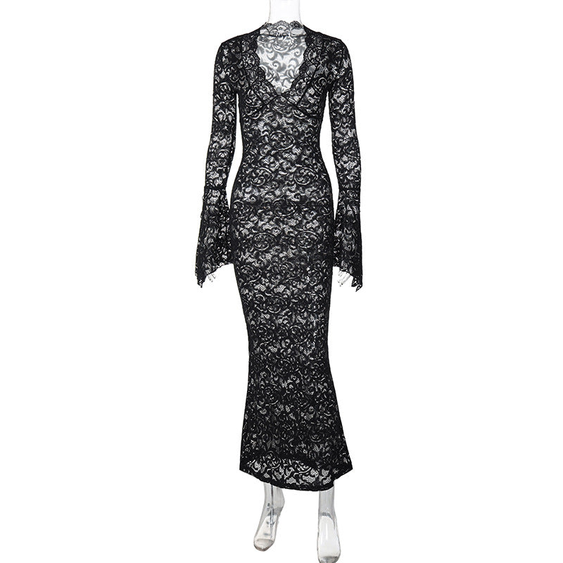 Women's Deep V Lace Pattern Long Sleeve Dresses