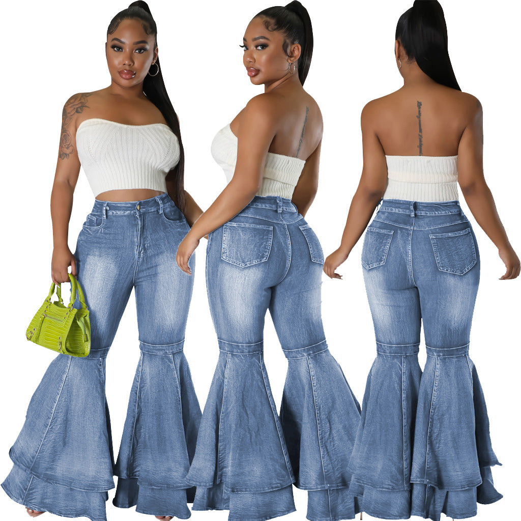 Fashionable All-match Wide-leg Washed Stretch Flared Jeans