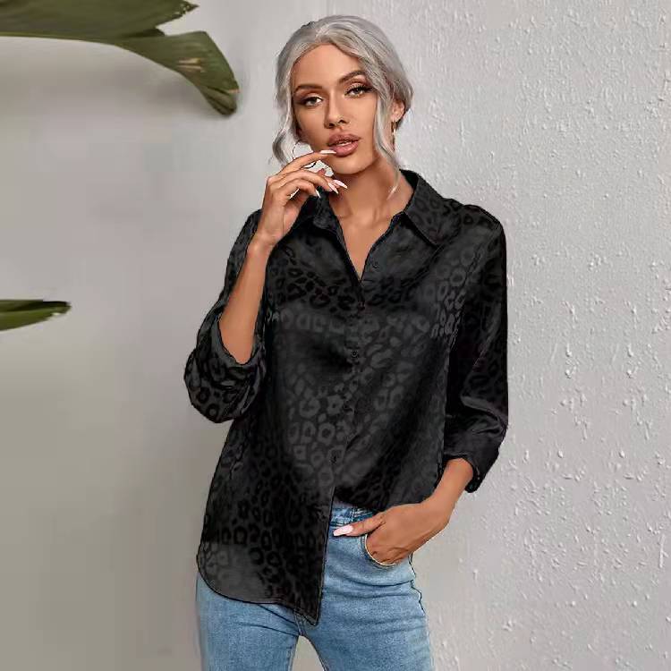 Women's Lapel Button Leopard Temperament Commute Long Sleeve Blouses