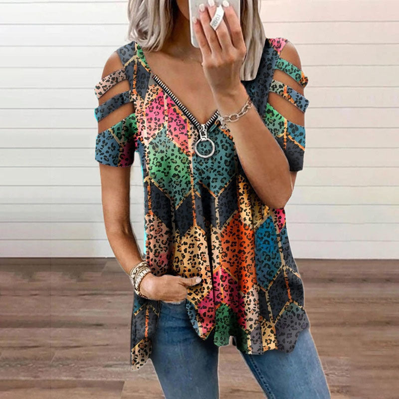 Women's Collar Zipper Pullover Print Sleeve Loose Blouses