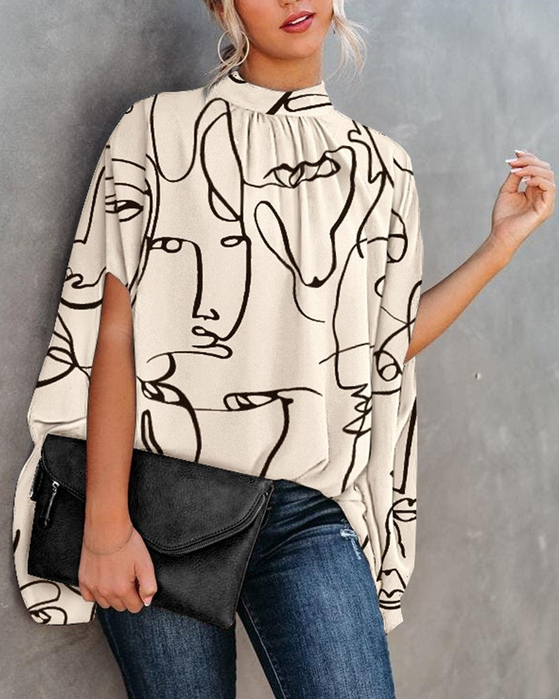 Women's Summer Casual Fashion Printing Split Batwing Blouses