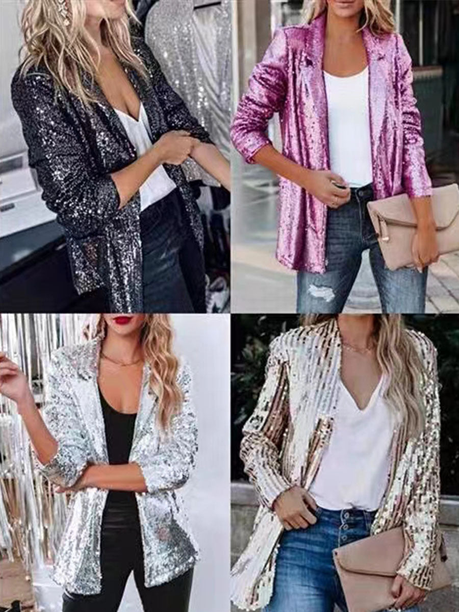 Women's Commute Style Lapel Long Sleeve Sequined Blazers