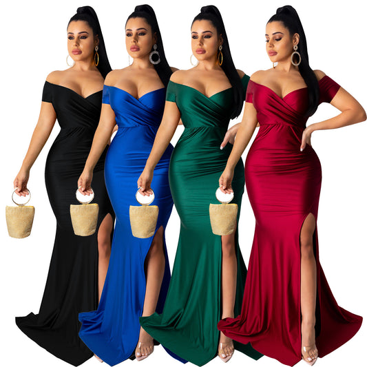 Women's Nightclub V-neck Formal Solid Color Big Sleeve Dresses