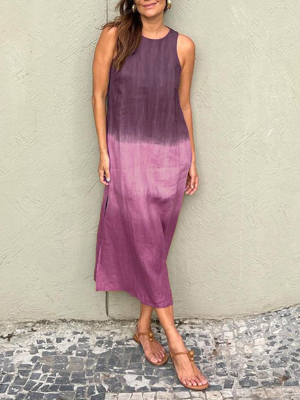 Women's Summer Casual Cotton Linen Sleeveless Slit Dresses