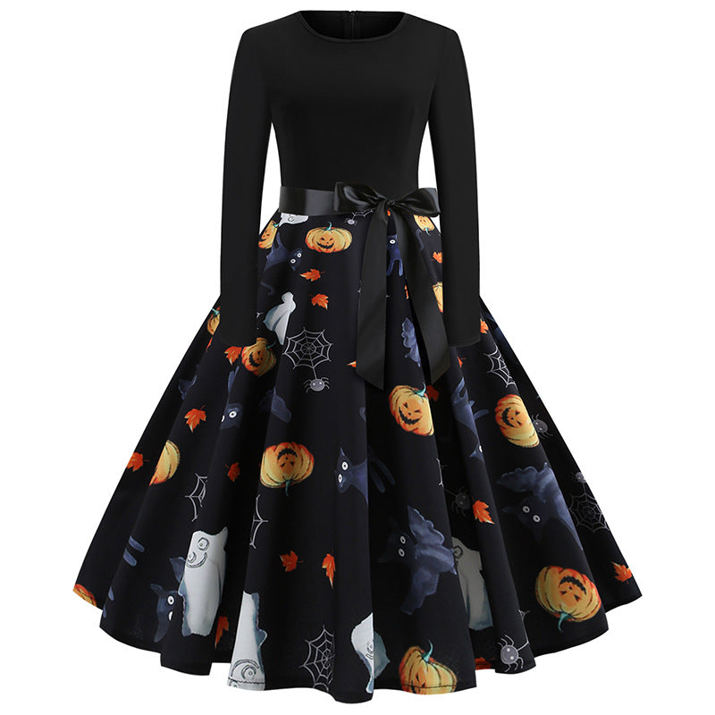 Hepburn Retro Halloween Printed Patchwork Long Dresses