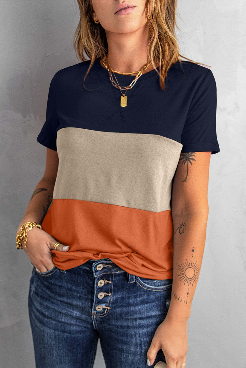 Women's Color Matching Short-sleeved Loose All-matching Blouses