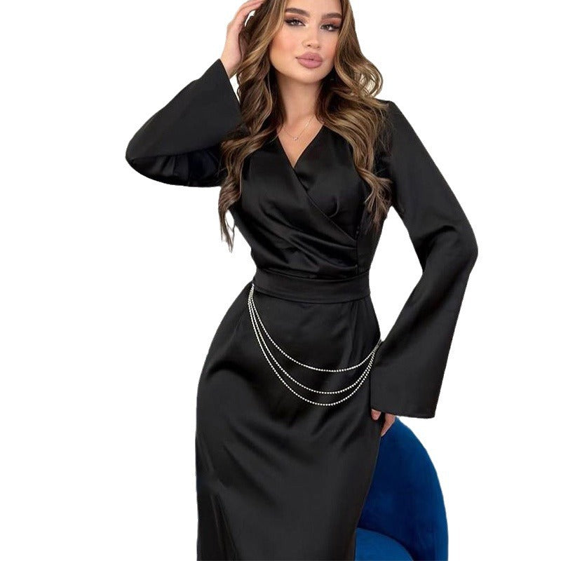 Women's Solid Color Metal Decorative Long Sleeve High Dresses