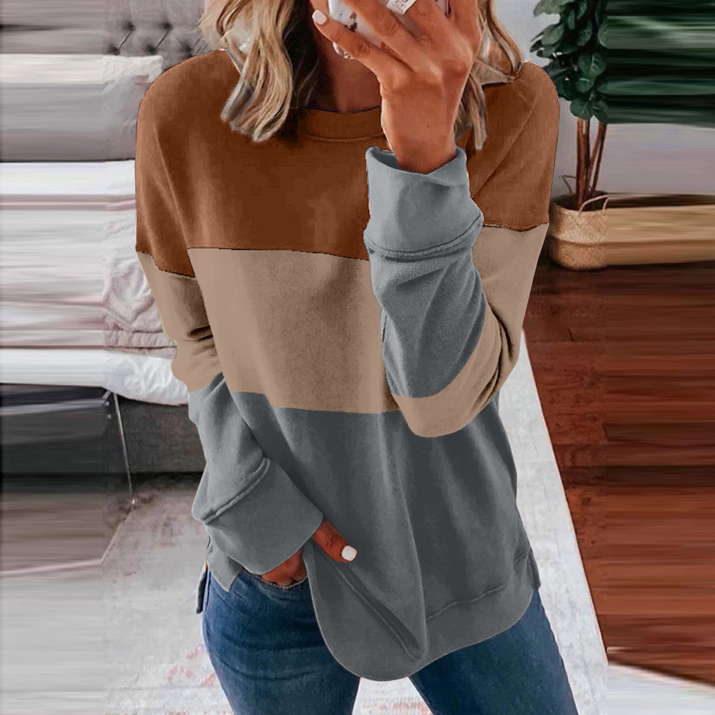 Women's Color Matching Contrast Casual Loose Pullover Blouses