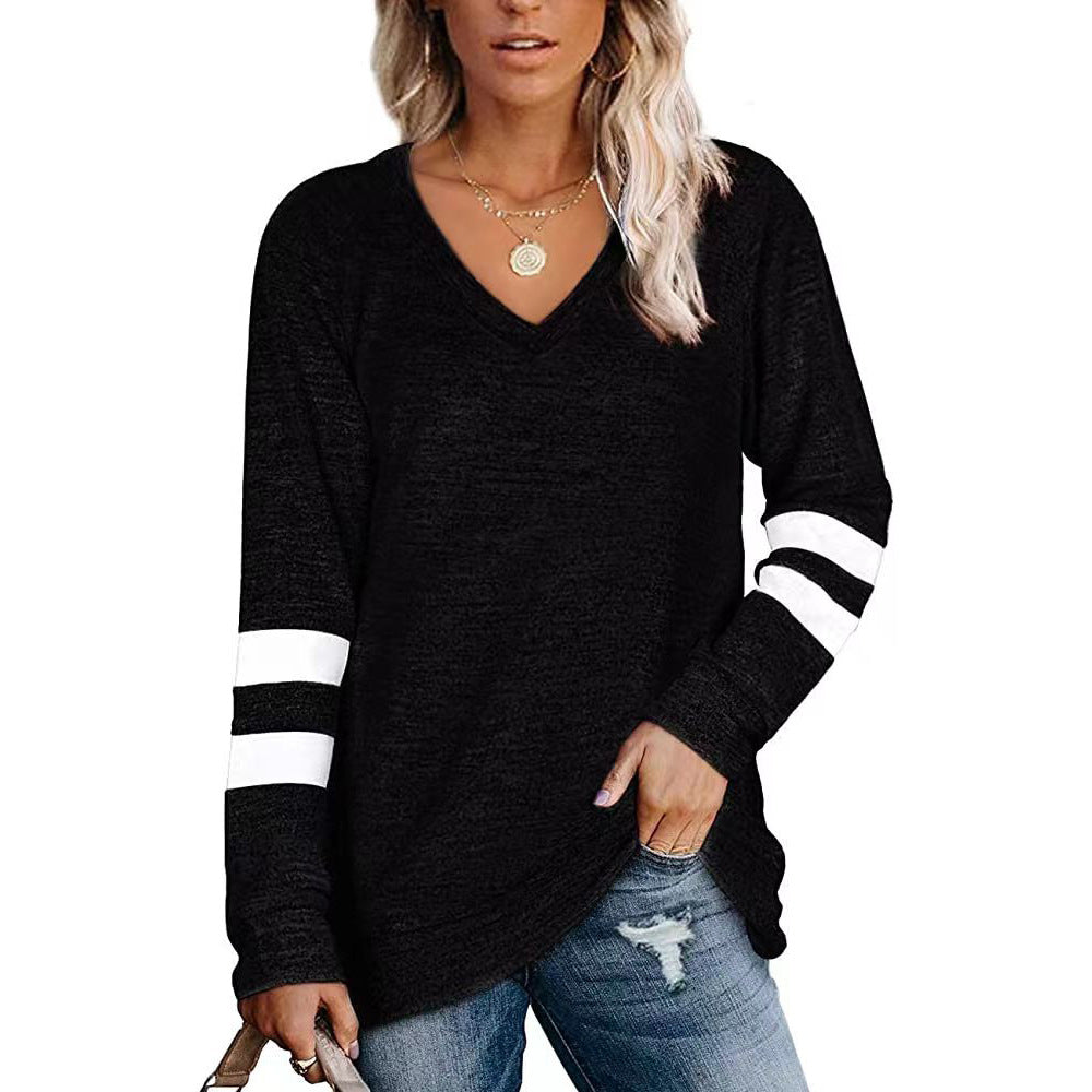 Women's Long Sleeve Color Patchwork V-neck Loose-fitting Casual Tops