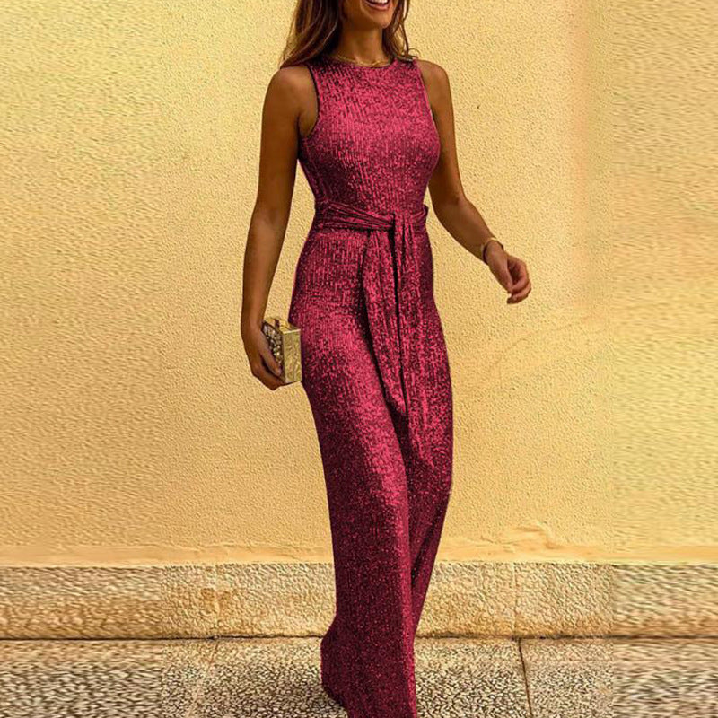 Women's Round Neck Sleeveless Personalized Sequined Sier Jumpsuits