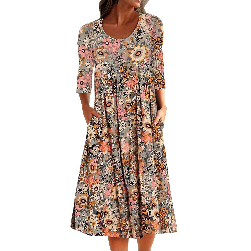 Women's Neck Half Sleeve Loose Casual Pocket Midi Dress Dresses