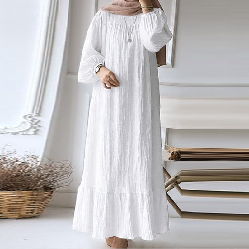 Women's Muslim Wear Robe Fashion Puff Sleeve Vintage Pocket Clothing