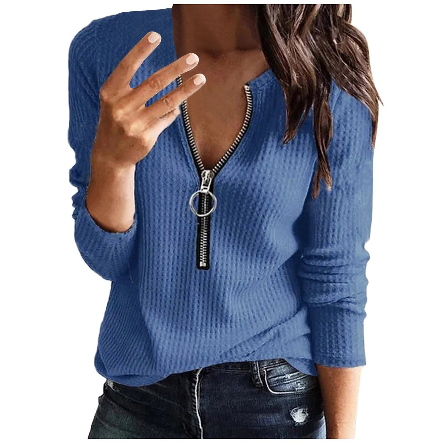 Women's Super Waffle Knitted Zipper Large T-shirt Blouses