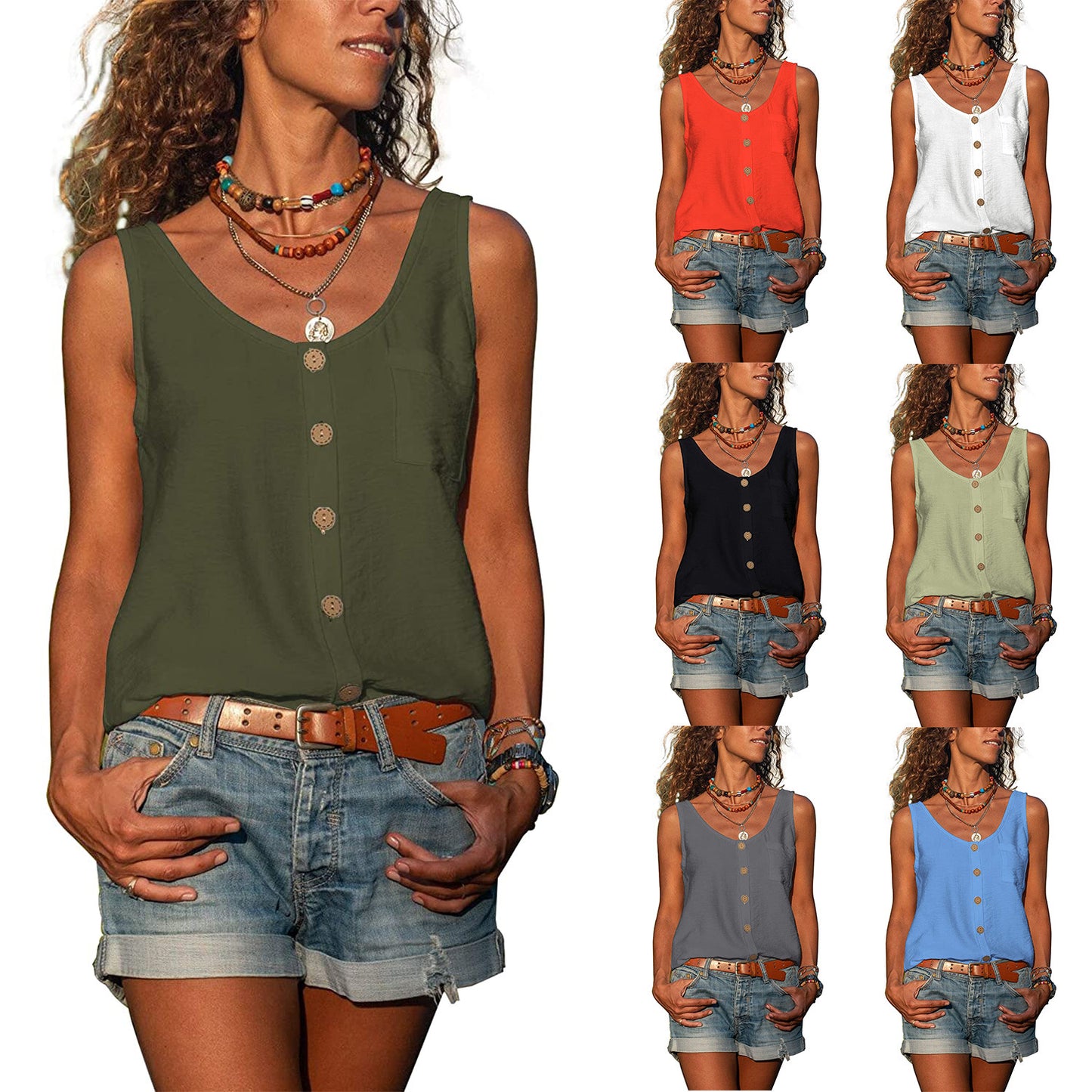 Women's Summer Solid Color V-neck Button Shirt Blouses