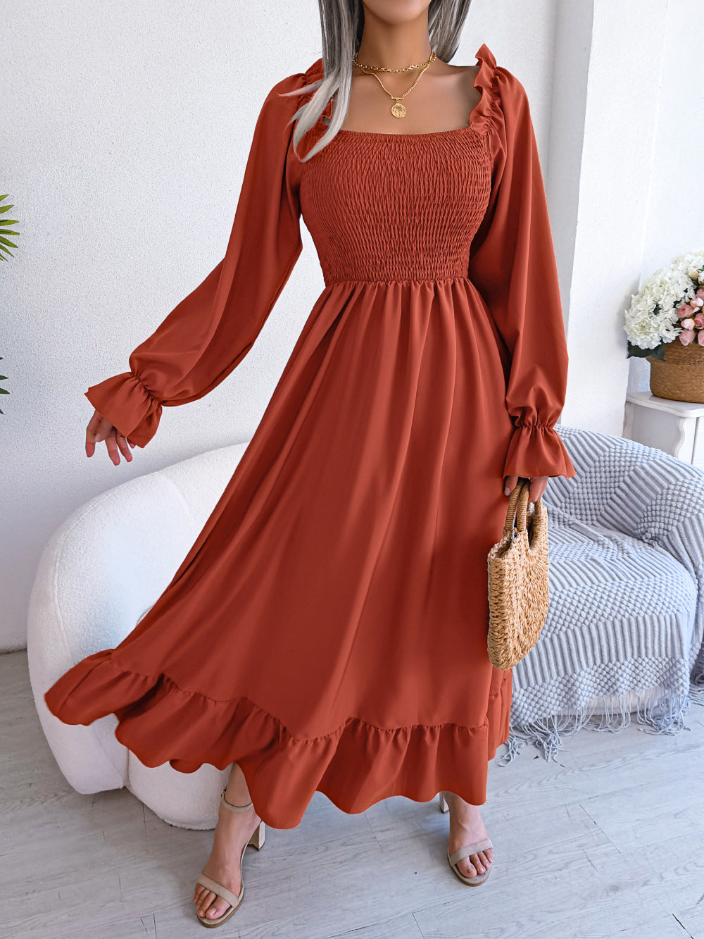 Women's Square Collar Flare Large Swing Ruffled Dresses