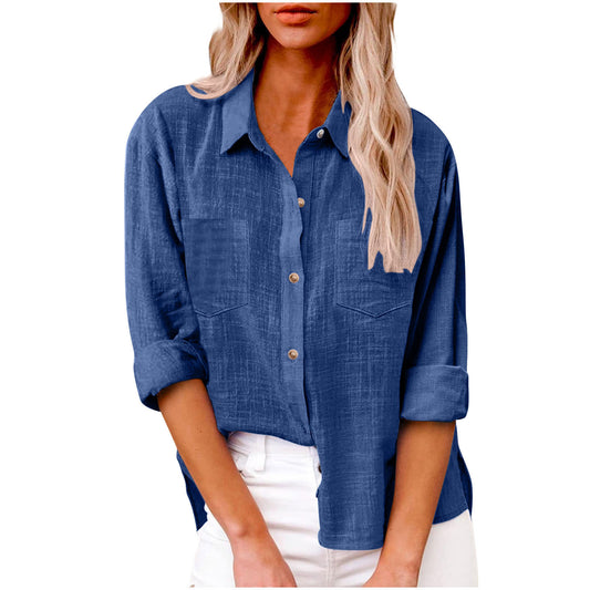 Women's Pocket Split Long Sleeve Cotton Linen Blouses