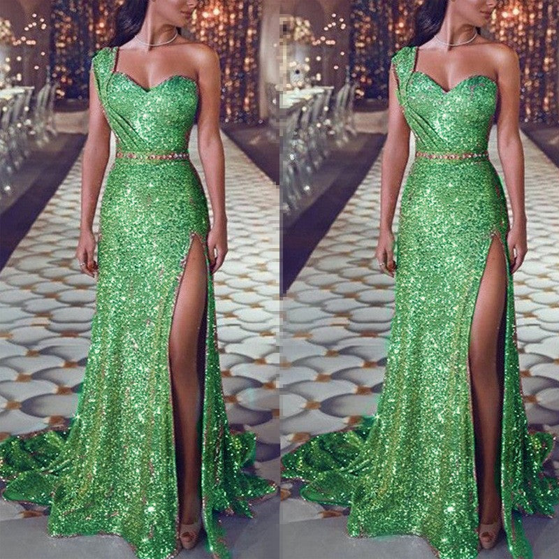 Women's Banquet Temperament Sexy One-shoulder Long Gilding Dresses