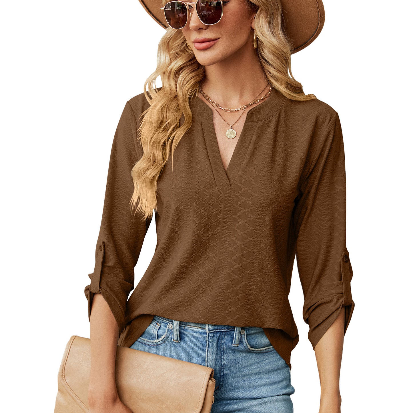 Women's Color And Three-quarter Sleeve Button Loose-fitting Blouses