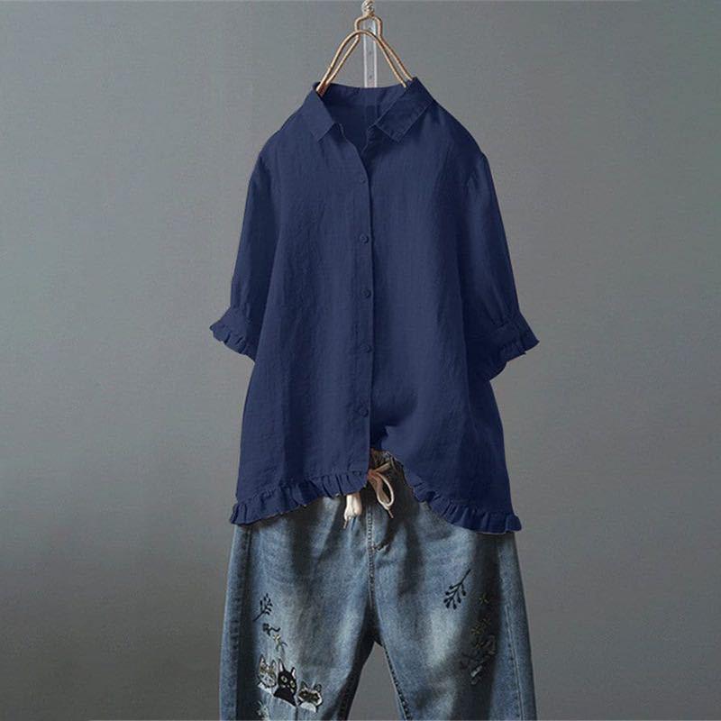 Women's Linen Shirt Casual Single-breasted Ruffled Sleeves Blouses