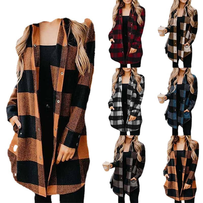 Women's Plaid Shirt Mid-length Long Sleeve Blouses