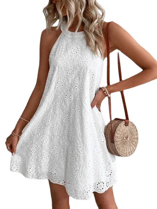 Women's Lace Solid Color Sleeveless Button Halter Dresses