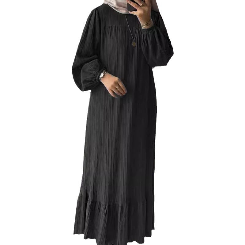 Women's Muslim Wear Robe Fashion Puff Sleeve Vintage Pocket Clothing