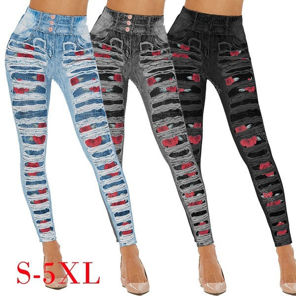 Women's Rose Print Sports Hip Lifting Large Leggings