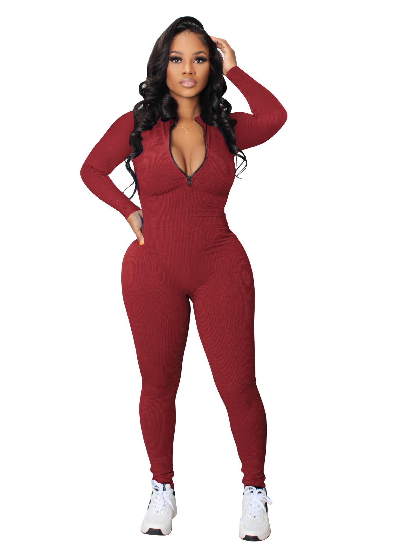 Casual Autumn Sunken Stripe Zipper Sports Jumpsuits