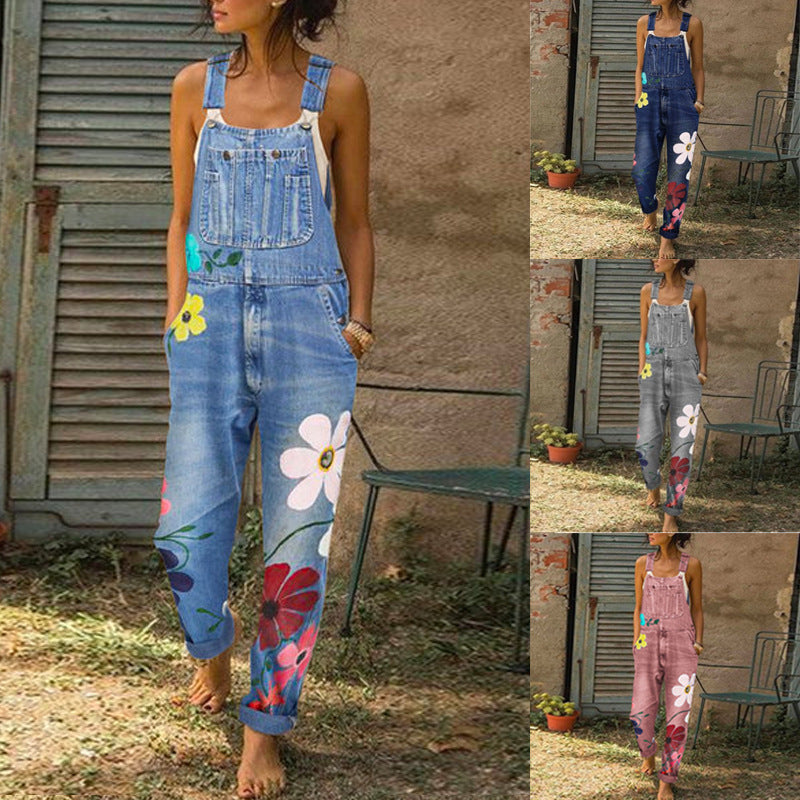 Creative Printed Suspender Large Floral Dungarees Pants