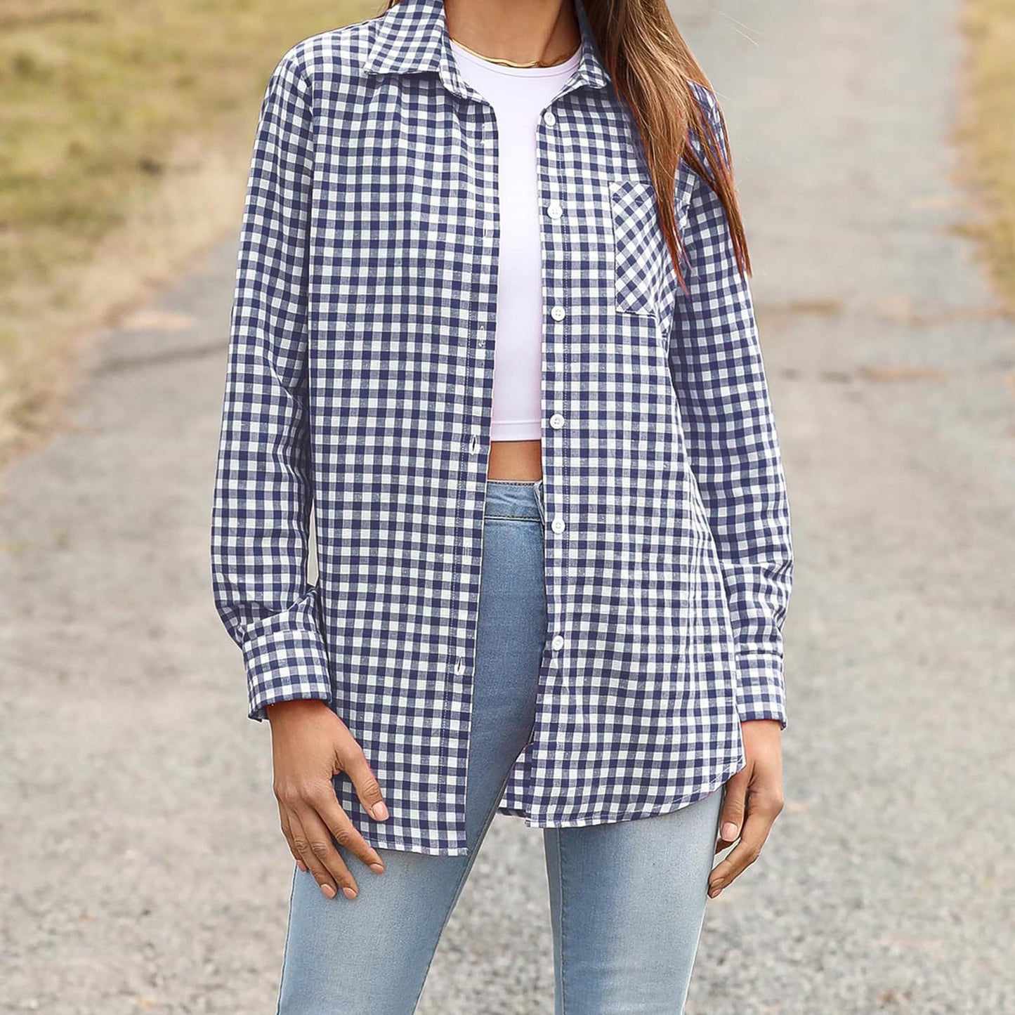 Women's Printed Plaid Shirt Lapel Loose Blouses