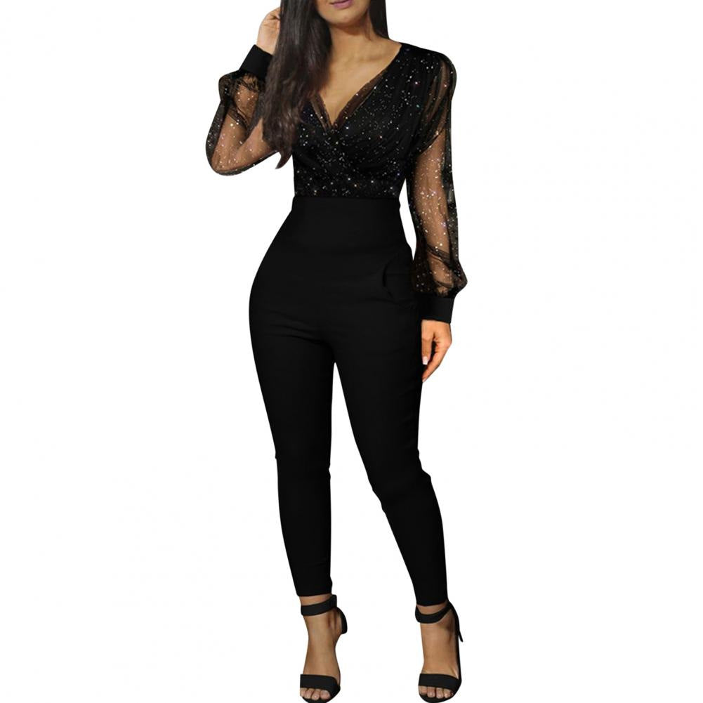 Solid Color And Mesh Slim Fit Jumpsuits