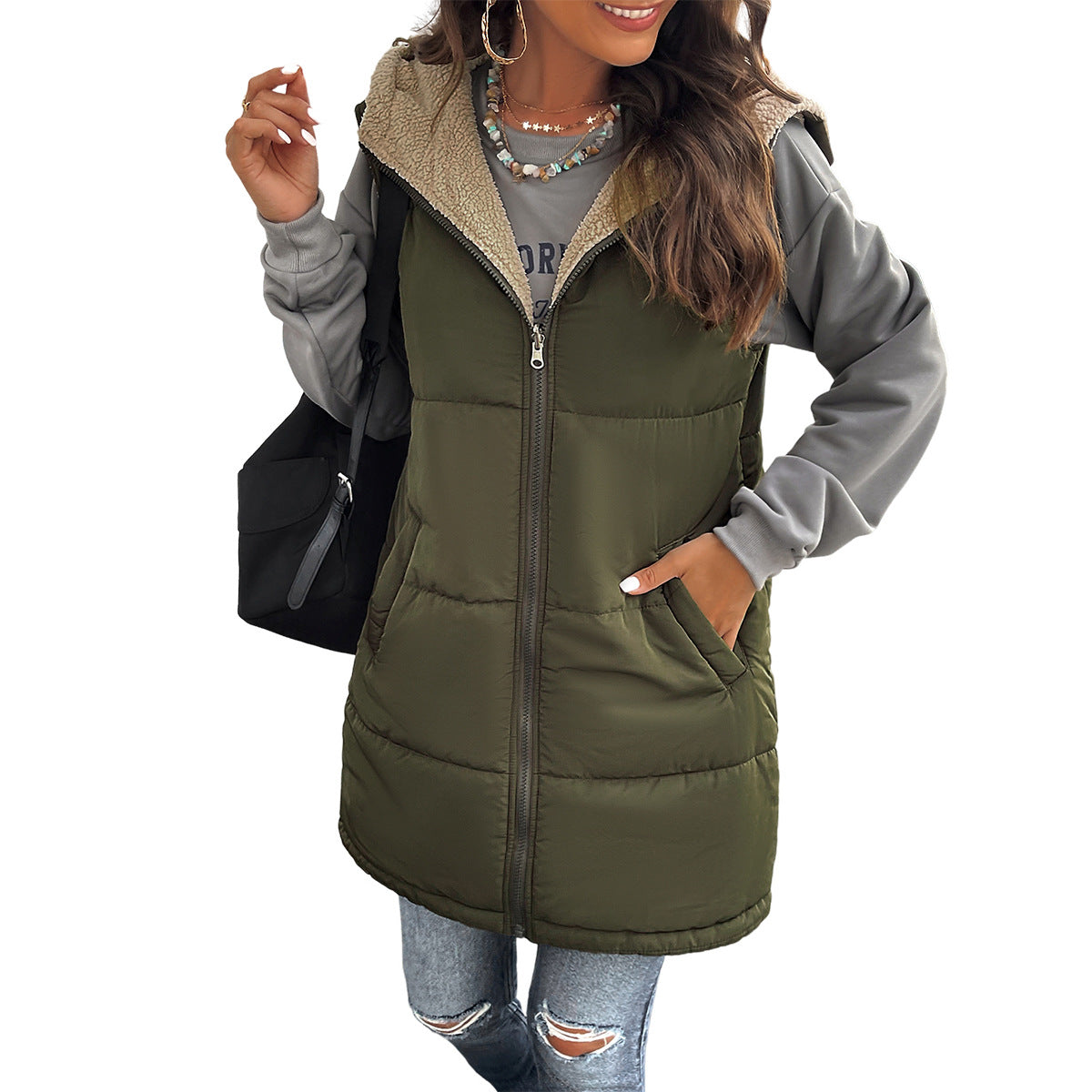 Women's For Winter Loose Commuter Mid-length Hooded Vests