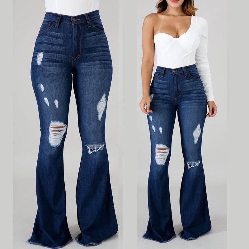 Unique High Elastic Ripped Waist Flared Pants