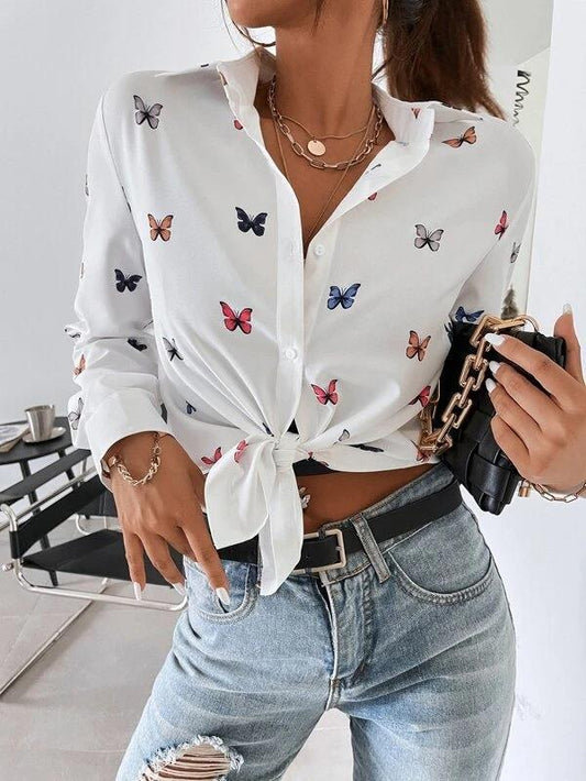 Women's Fashionable Printed Long-sleeved Shirt Butterfly Printing Blouses