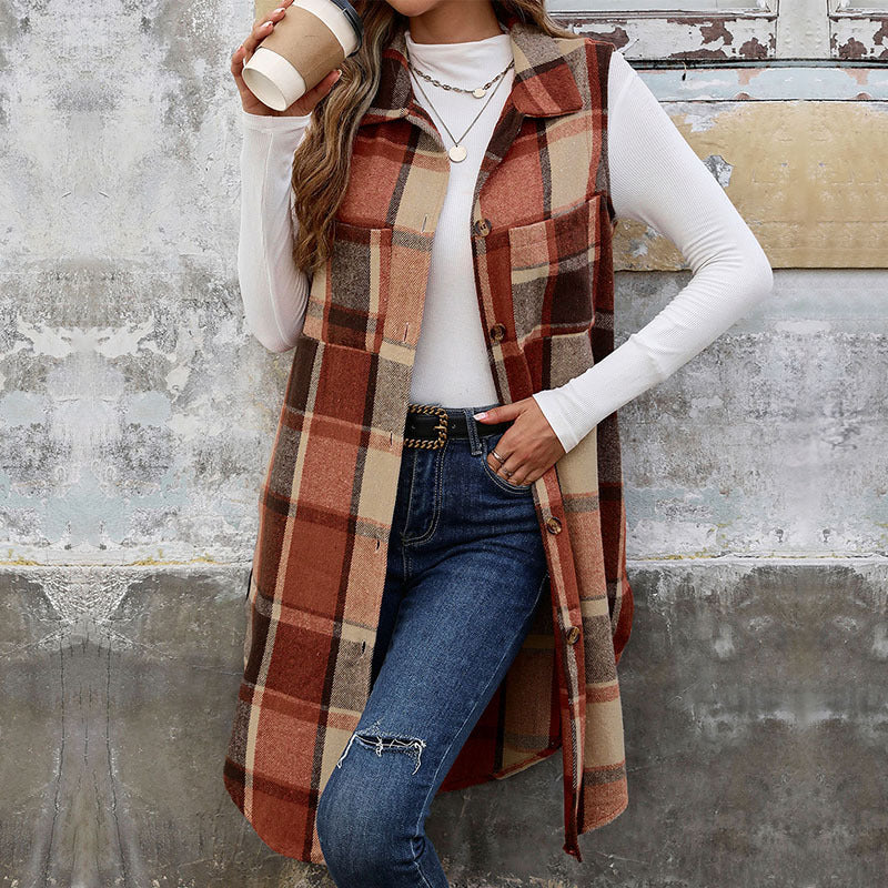 Women's Pretty Autumn Lapel Long Plaid Vests